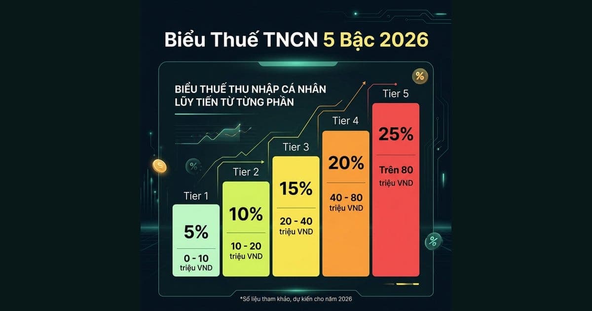 Infographic biểu thuế TNCN 5 bậc lũy tiến 2026 - từ 5% đến 35% theo thu nhập chịu thuế